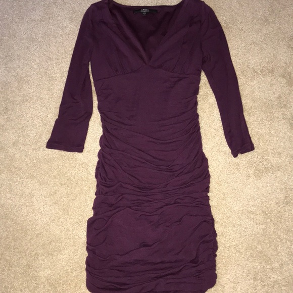GUESS 3/4 Slv Ruched Mini Dress Plum Purple S - Picture 1 of 3
